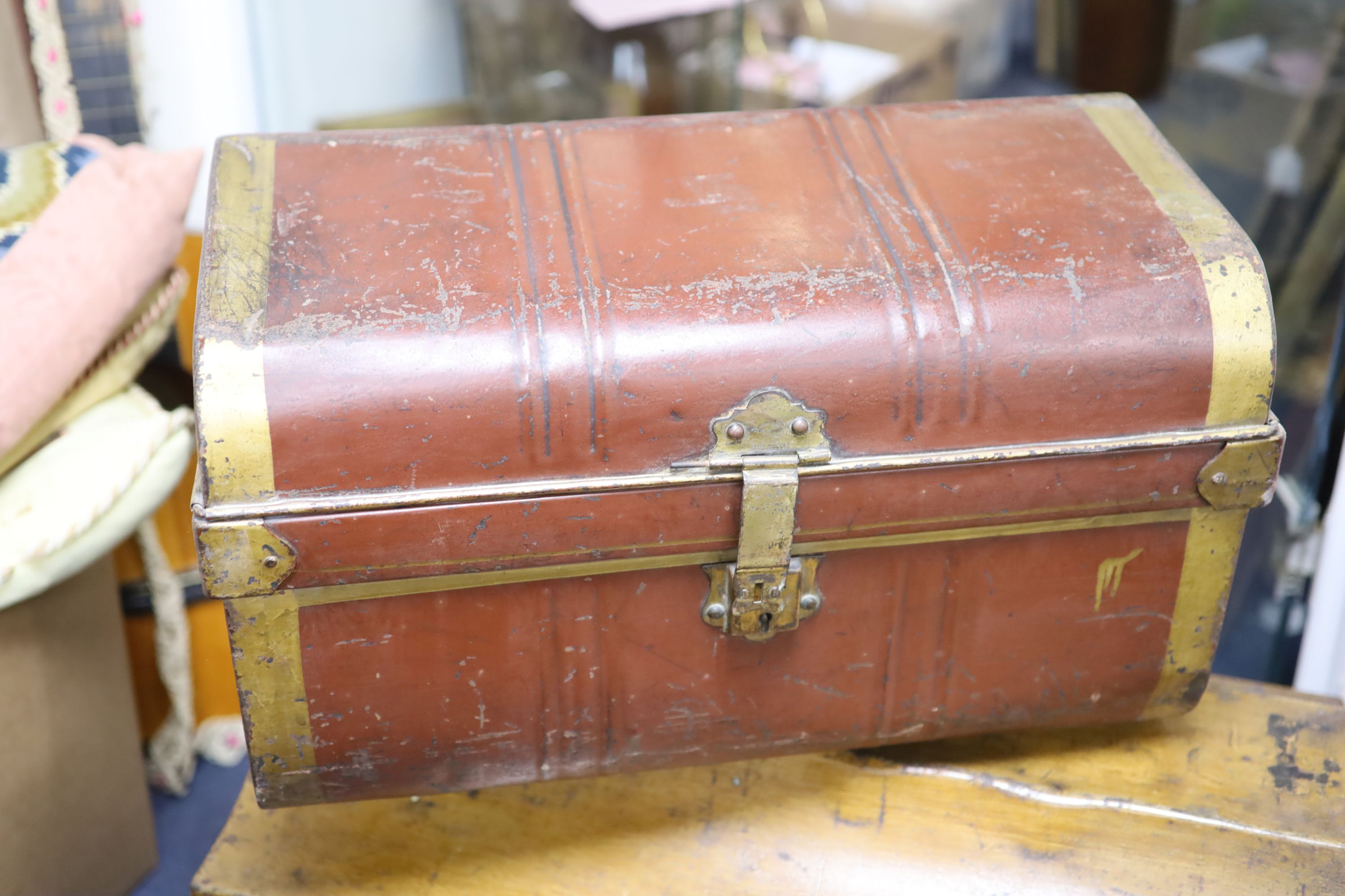 Five Victorian painted tin trunks/hat boxes